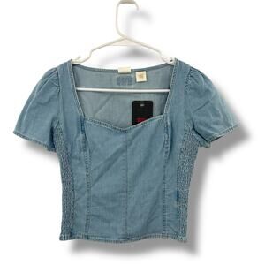NEW Levi's Ophelia Denim Top Size XS Cropped Smocked Puff Sleeve Corset Blouse